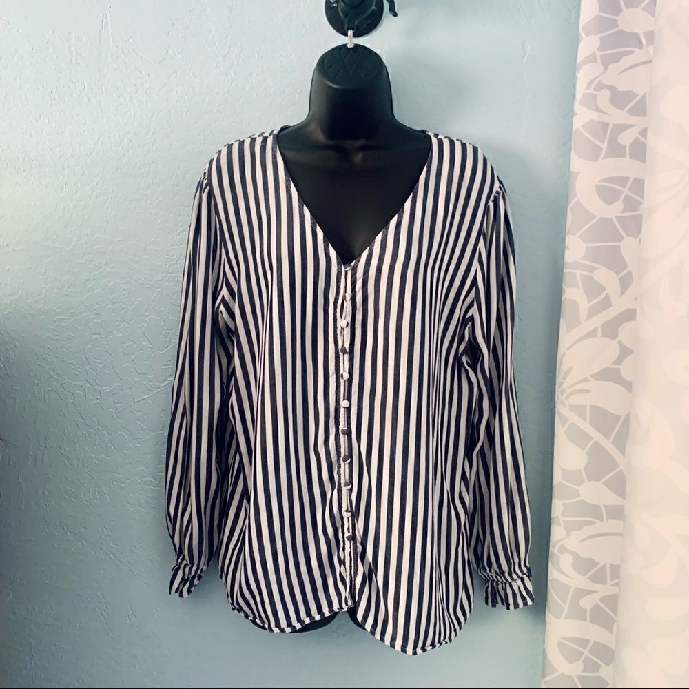Thread & Supply Navy Blue & White Striped V-Neck Blouse Size Large